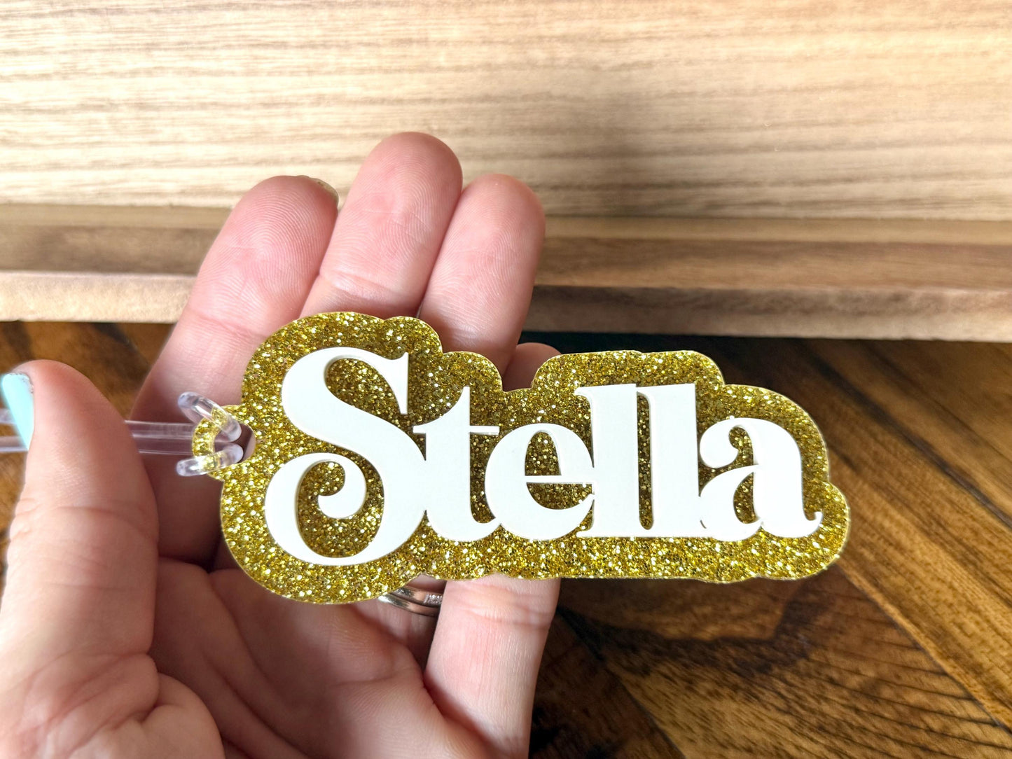 Custom Name Acrylic Bag Tag – White Name on Gold Glitter Background, 1–1.5” Tall x 5” Wide, Personalized Backpack Tag, Dance & Sports Bag Ac