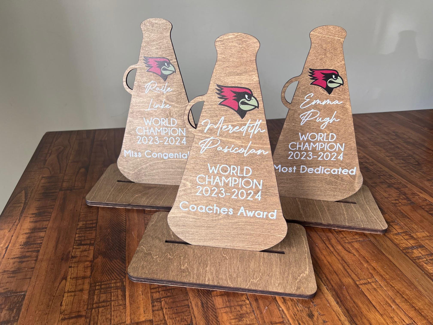 Custom Cheerleading Trophy – Personalized Wooden Award with UV Printed Team Logo Name Cheer Squad, Coach, or Banquet Gift