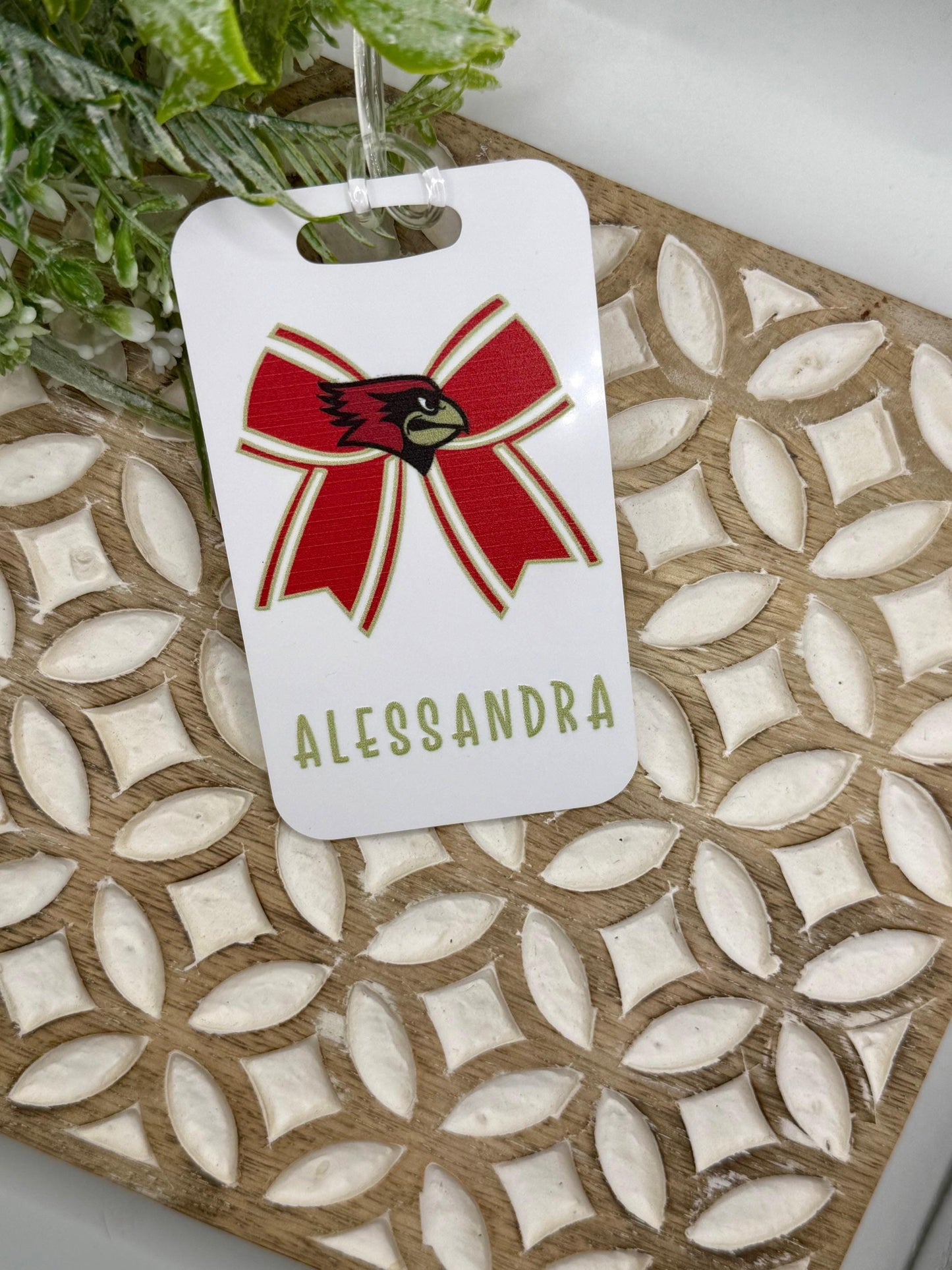 Custom Cheer Bow Bag Tag β 2-Sided Aluminum with Name & Team Logo β Personalized Cheerleading, Dance, or Sports Bag ID Tag