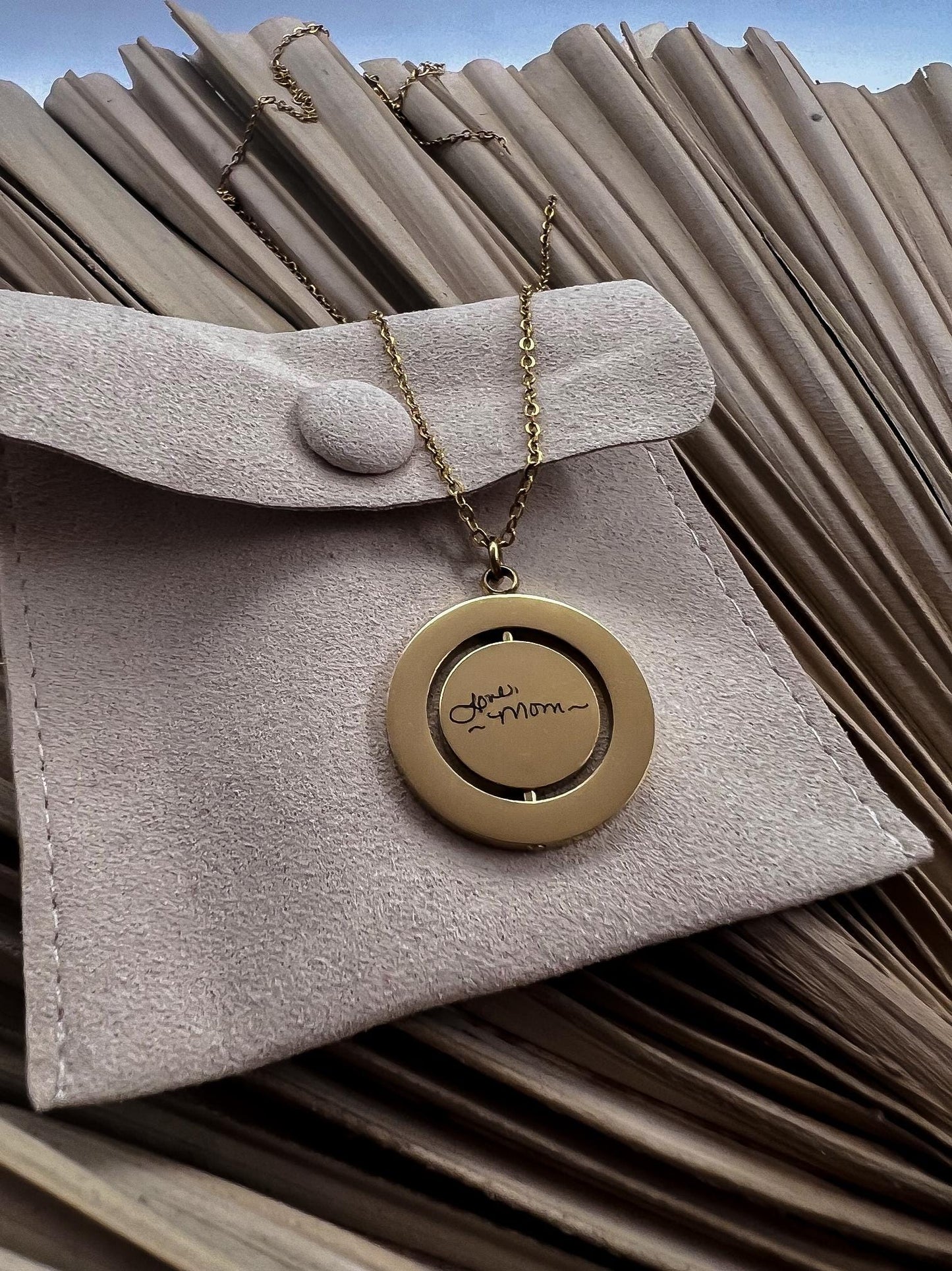 Engraved keepsake rotating circle pendant necklace, engraved fingerprint necklace, engraved handwriting necklace, memorial keepsake