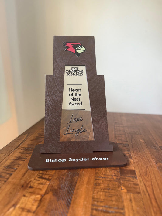 Custom Cheerleading Trophy – Personalized Wooden & Acrylic Award with UV Printed Team Logo Name Cheer Squad, Coach, or Banquet Gift