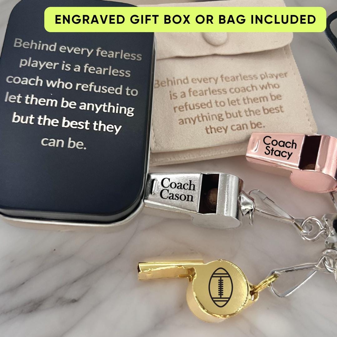 Personalized whistle, gold whistle, engraved whistle, coach whistle, coach gift, football coach gift, coach gift ideas, bag or box included