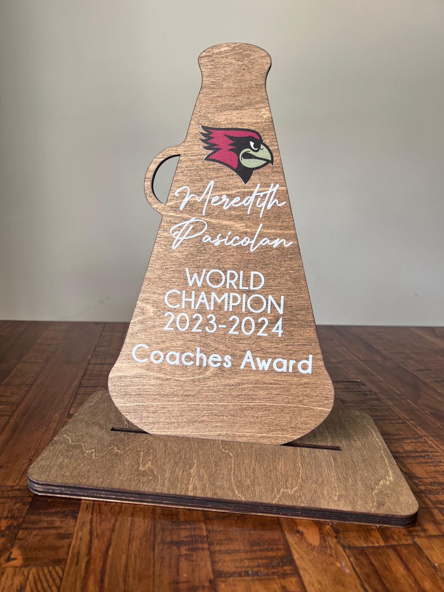 Custom Cheerleading Trophy – Personalized Wooden Award with UV Printed Team Logo Name Cheer Squad, Coach, or Banquet Gift