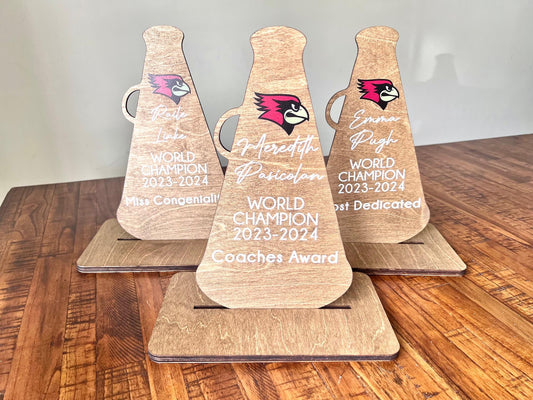 Custom Cheerleading Trophy – Personalized Wooden Award with UV Printed Team Logo Name Cheer Squad, Coach, or Banquet Gift