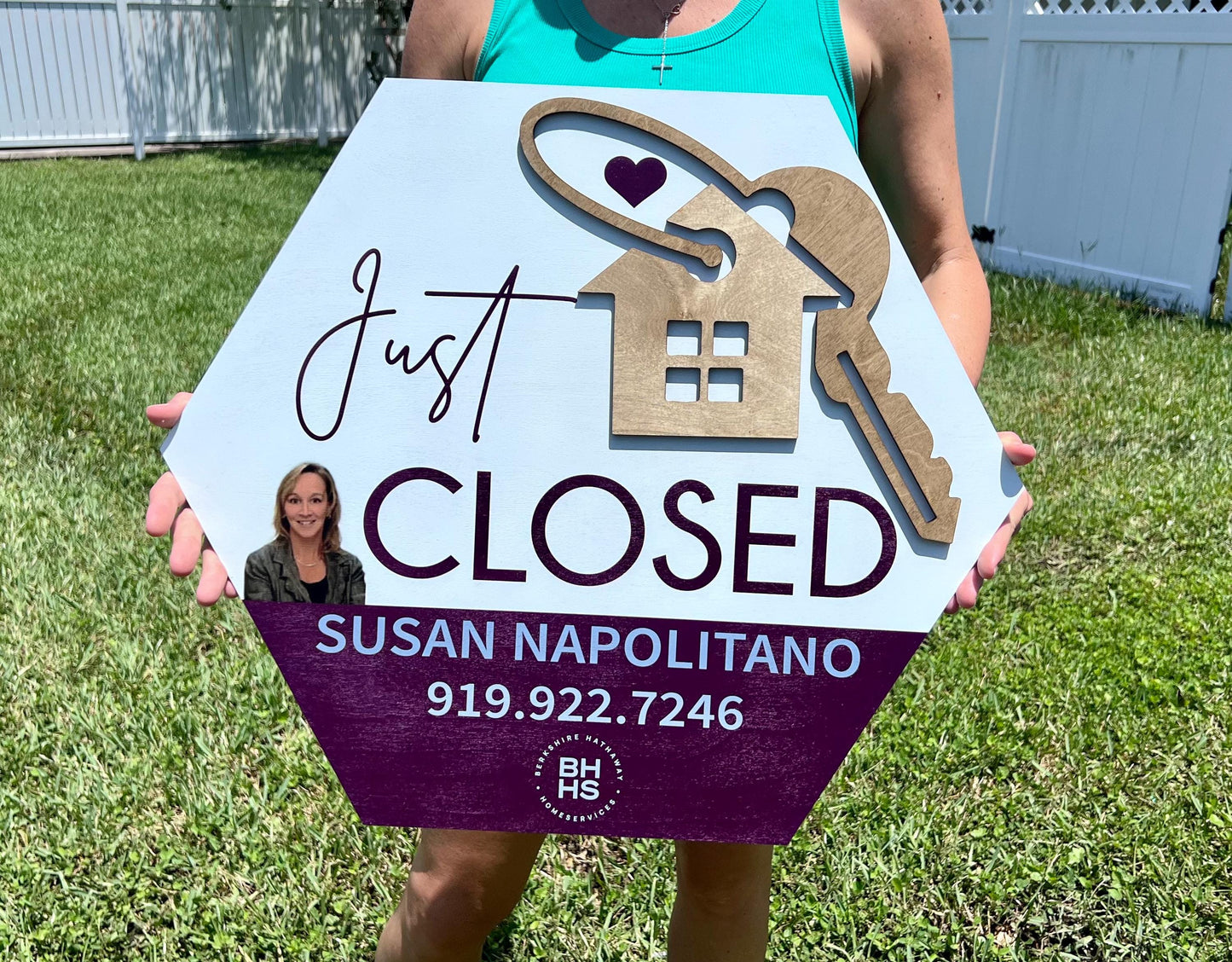Just closed real estate sign with photo, real estate closing sign, hexagon real estate sign, wooden closing sign, real estate agent prop