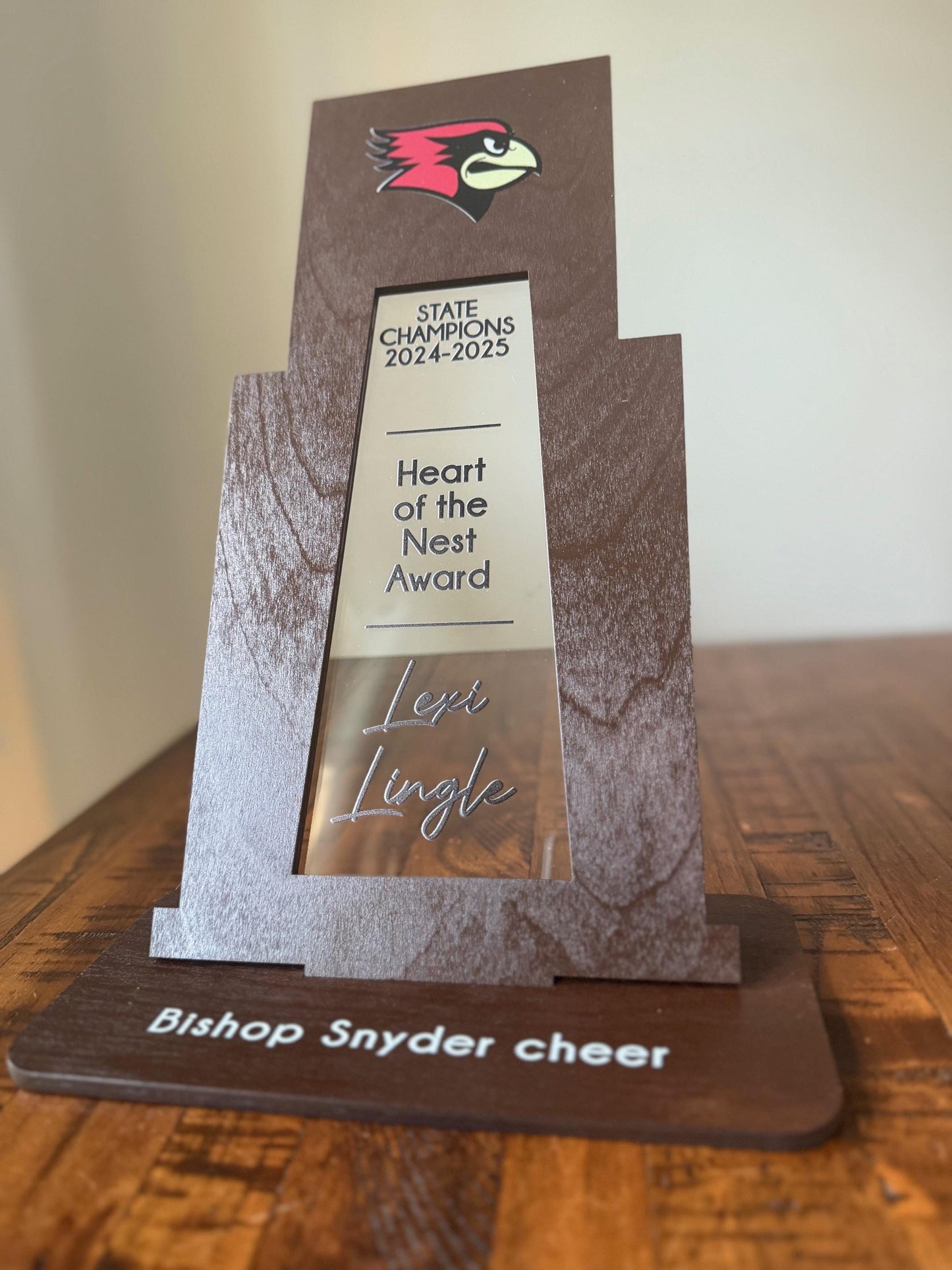 Custom Cheerleading Trophy – Personalized Wooden & Acrylic Award with UV Printed Team Logo Name Cheer Squad, Coach, or Banquet Gift