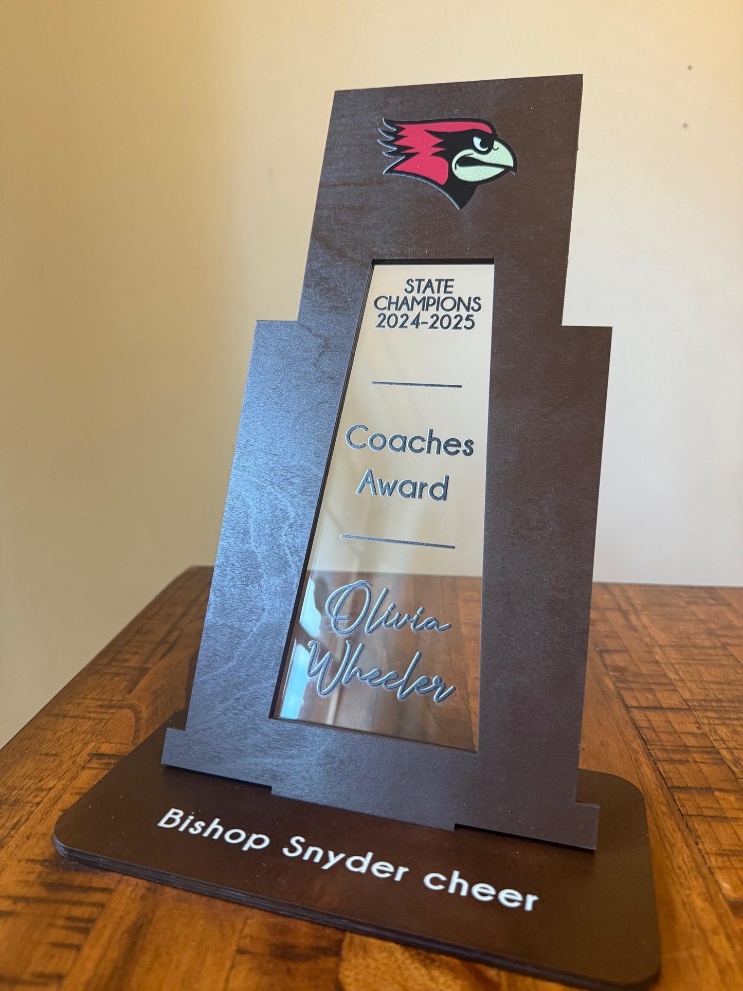 Custom Cheerleading Trophy – Personalized Wooden & Acrylic Award with UV Printed Team Logo Name Cheer Squad, Coach, or Banquet Gift