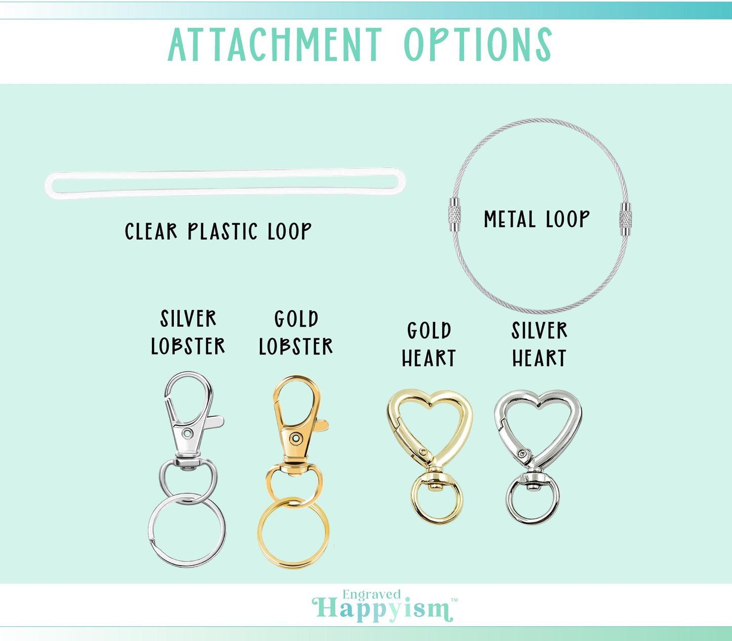 various attachment options for a clear plastic loop, including a clear plastic loop, a metal loop, a silver lobster, a gold lobster, a gold heart, and a silver heart.