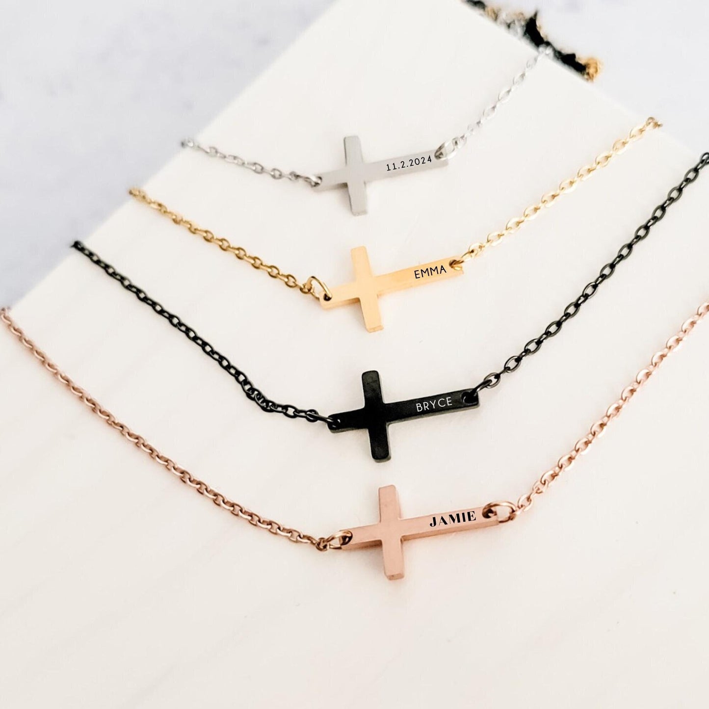 Tiny engraved horizontal cross necklace, personalized cross necklace, Christian jewelry, minimalist necklace