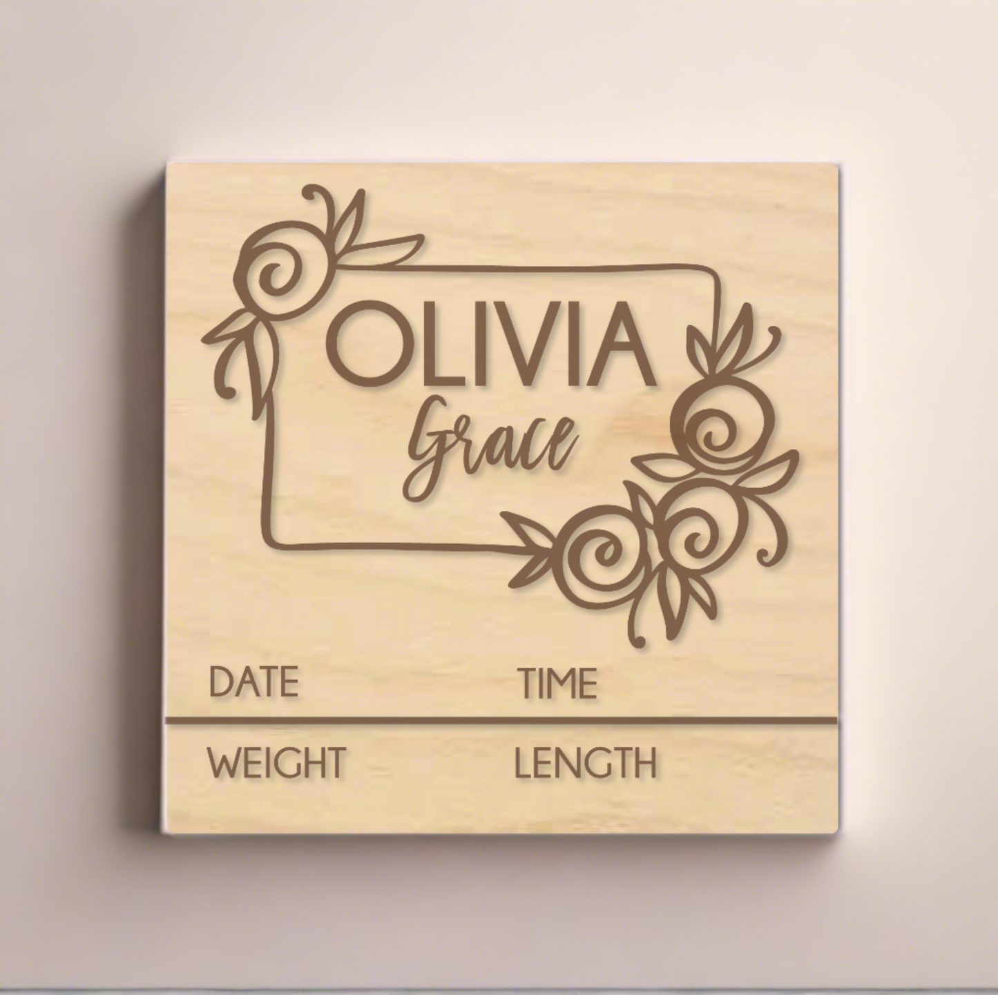 Newborn baby name announcement birth details sign with roses