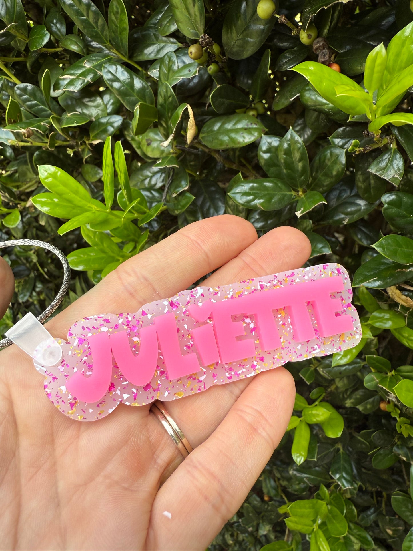 Personalized Acrylic Name Bag Tag – Hot Pink with Glitter Background Backpack or Sports Bag Tag