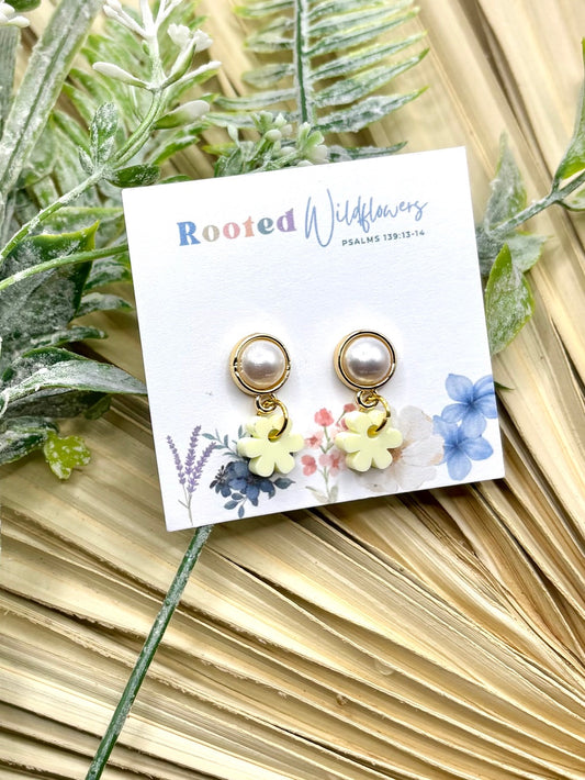 Pearl studs with dangly yellow acrylic flower, Stella Collection