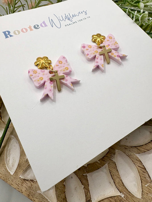 Pink Floral Bow & Cross Earrings | Rooted in Faith, Stella Collection