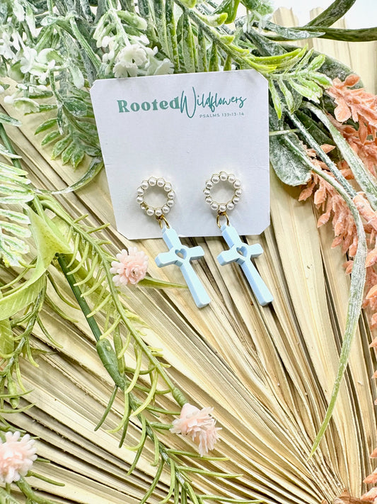 Pearl Circle & Baby Blue Cross Earrings, Stella collection