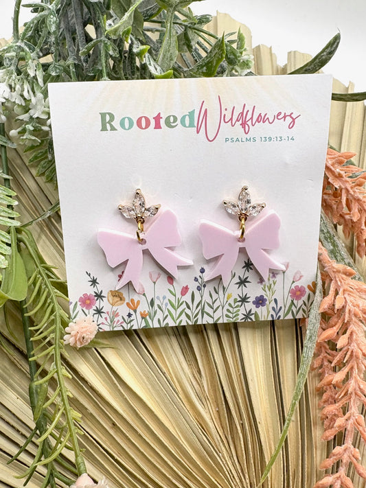 Light Pink Bow Earrings with Crystal Accents 🎀, Stella collection