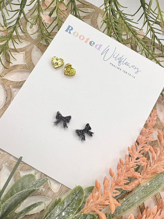 Mini Stud Set | Gold Glitter Hearts & Black Glitter Bows | Stella Collection