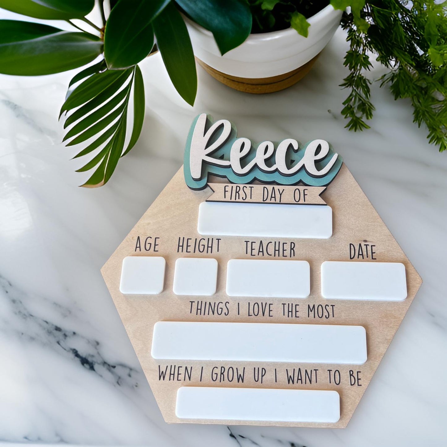 Personalized back to school hexagon sign, interchangeable names, first and last day of school, boy sign