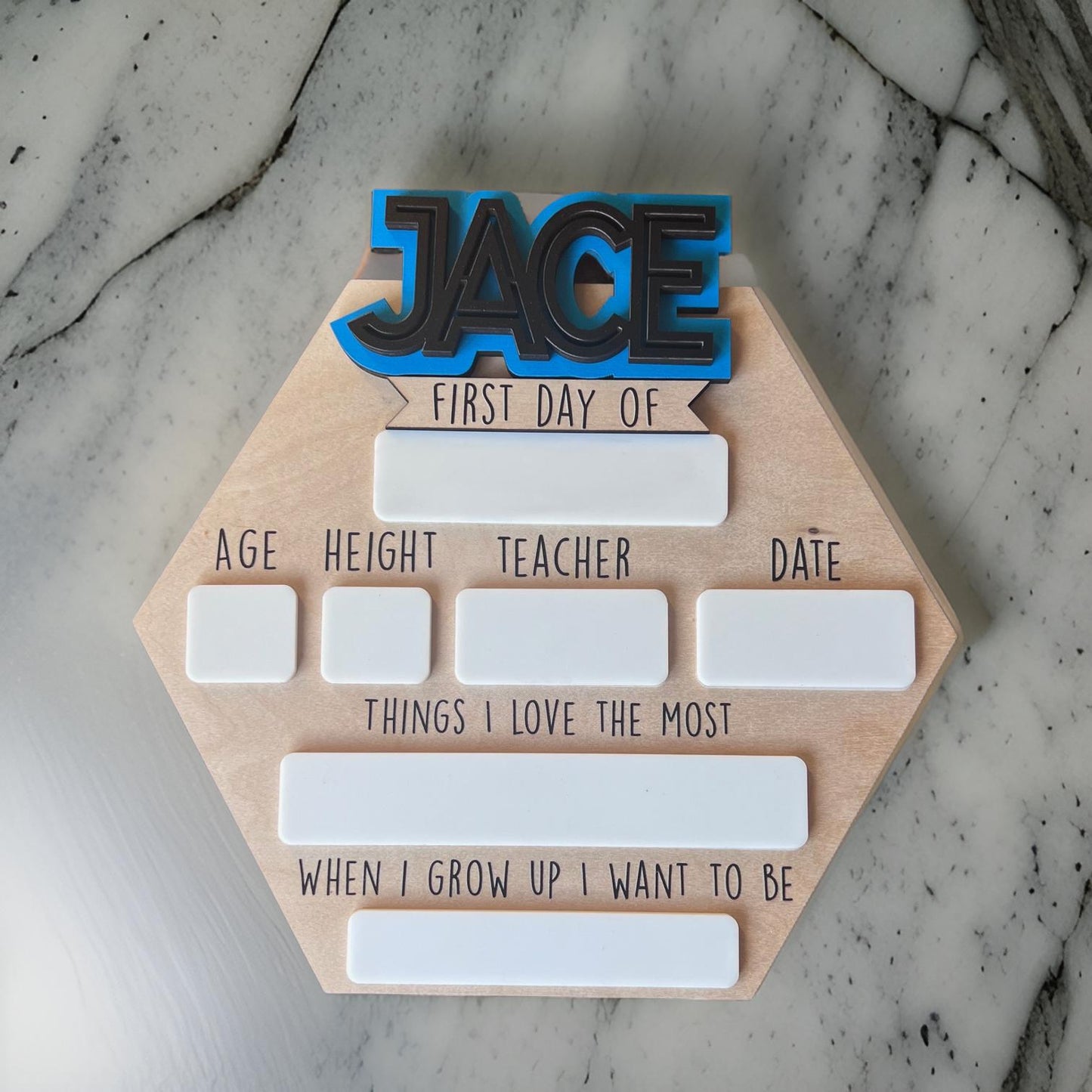 Personalized back to school hexagon sign, interchangeable names, first and last day of school, boy sign