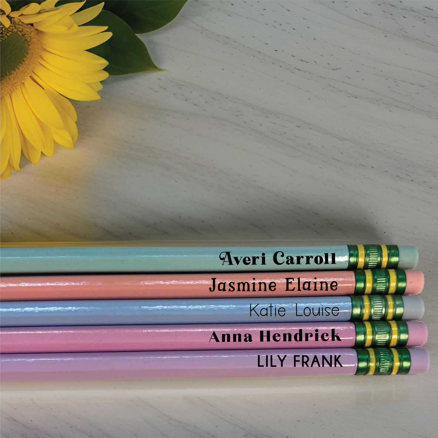Custom engraved pencils, personalized pencils, pastel set of 5 pencils