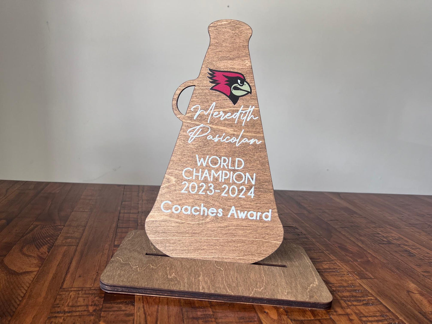 Custom Cheerleading Trophy – Personalized Wooden Award with UV Printed Team Logo Name Cheer Squad, Coach, or Banquet Gift