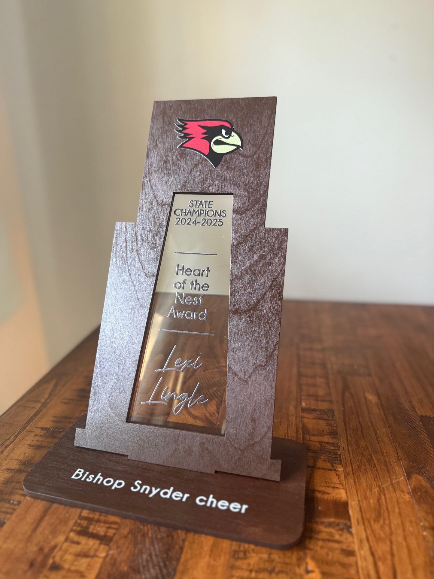 Custom Cheerleading Trophy – Personalized Wooden & Acrylic Award with UV Printed Team Logo Name Cheer Squad, Coach, or Banquet Gift
