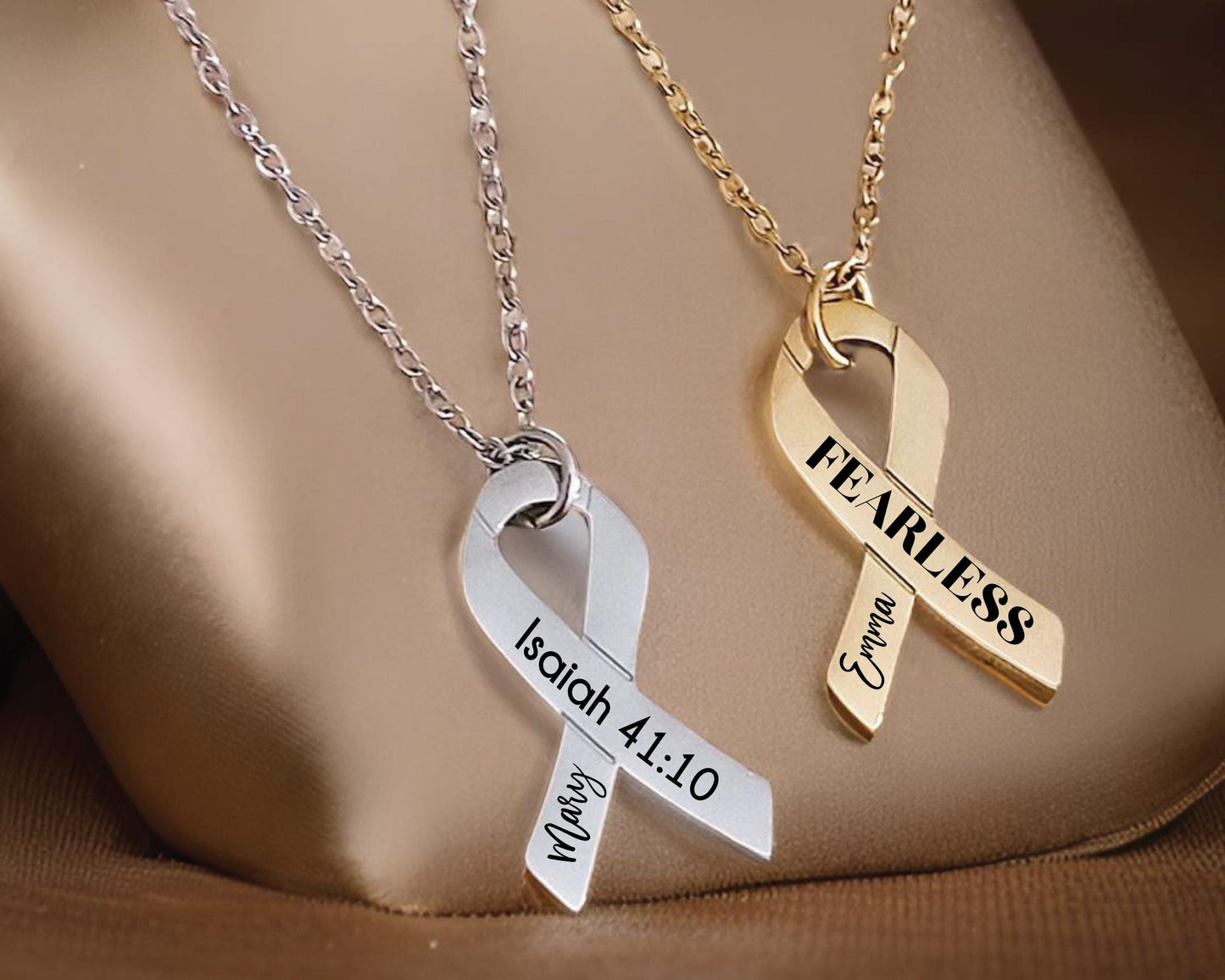 Personalized cancer ribbon necklace, cancer survivor necklace, engraved breast cancer necklace, cancer awareness necklace