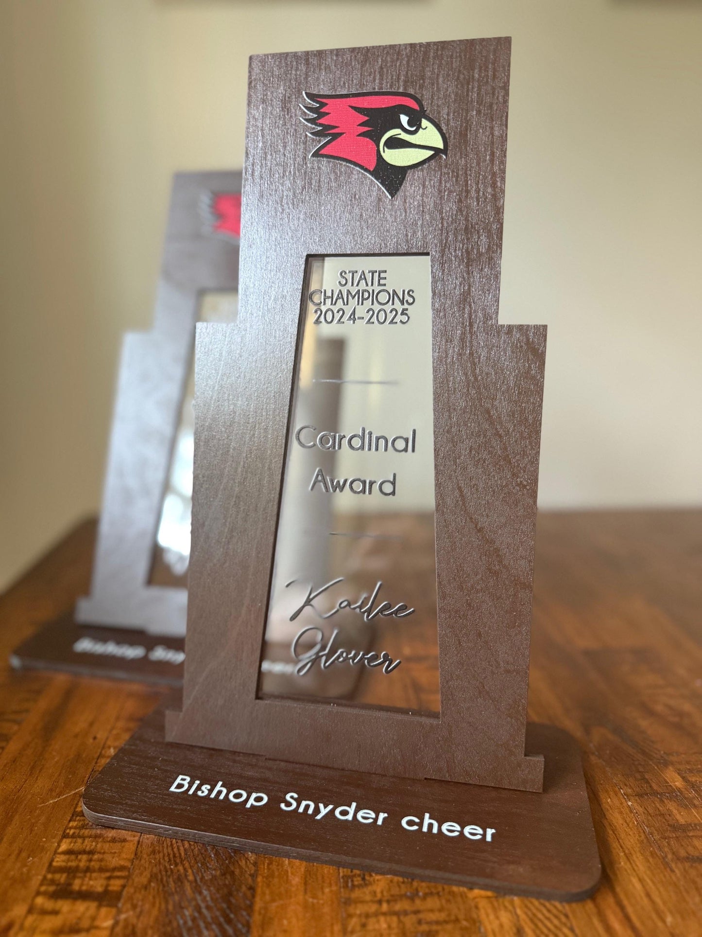 Custom Cheerleading Trophy – Personalized Wooden & Acrylic Award with UV Printed Team Logo Name Cheer Squad, Coach, or Banquet Gift