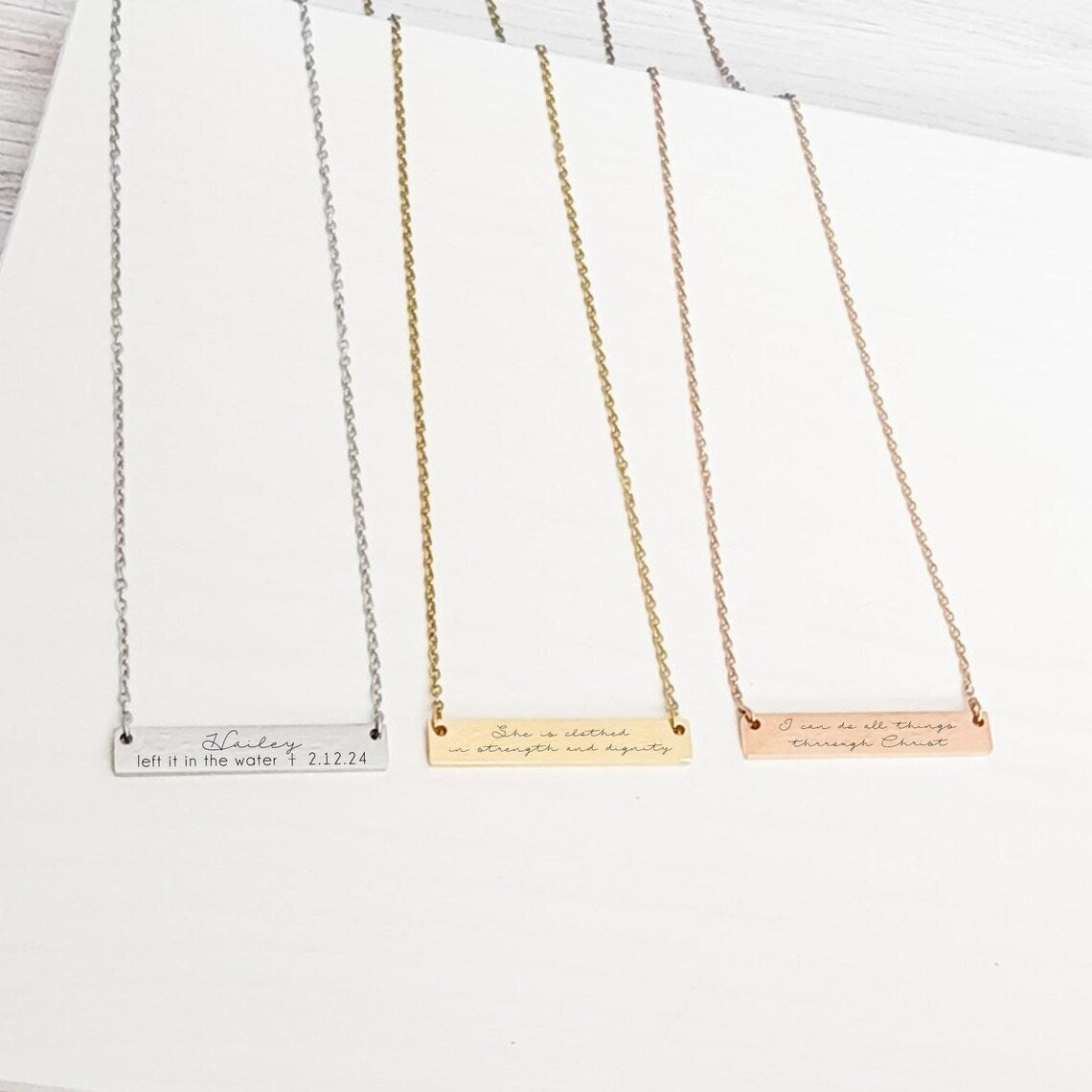 Personalized baptism bar necklace - Left it in the water - engraved name and baptism date