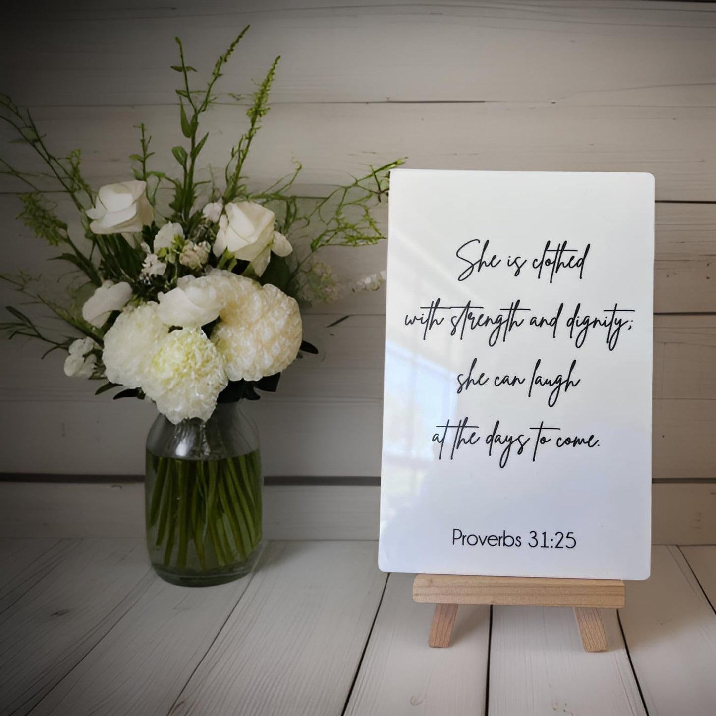 Proverbs 31:25 scripture sign, Acrylic tabletop sign with easel stand