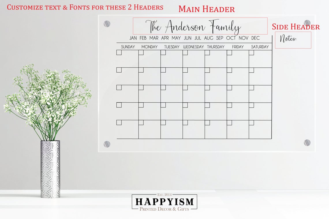 Monthly Acrylic Calendar with Notes section