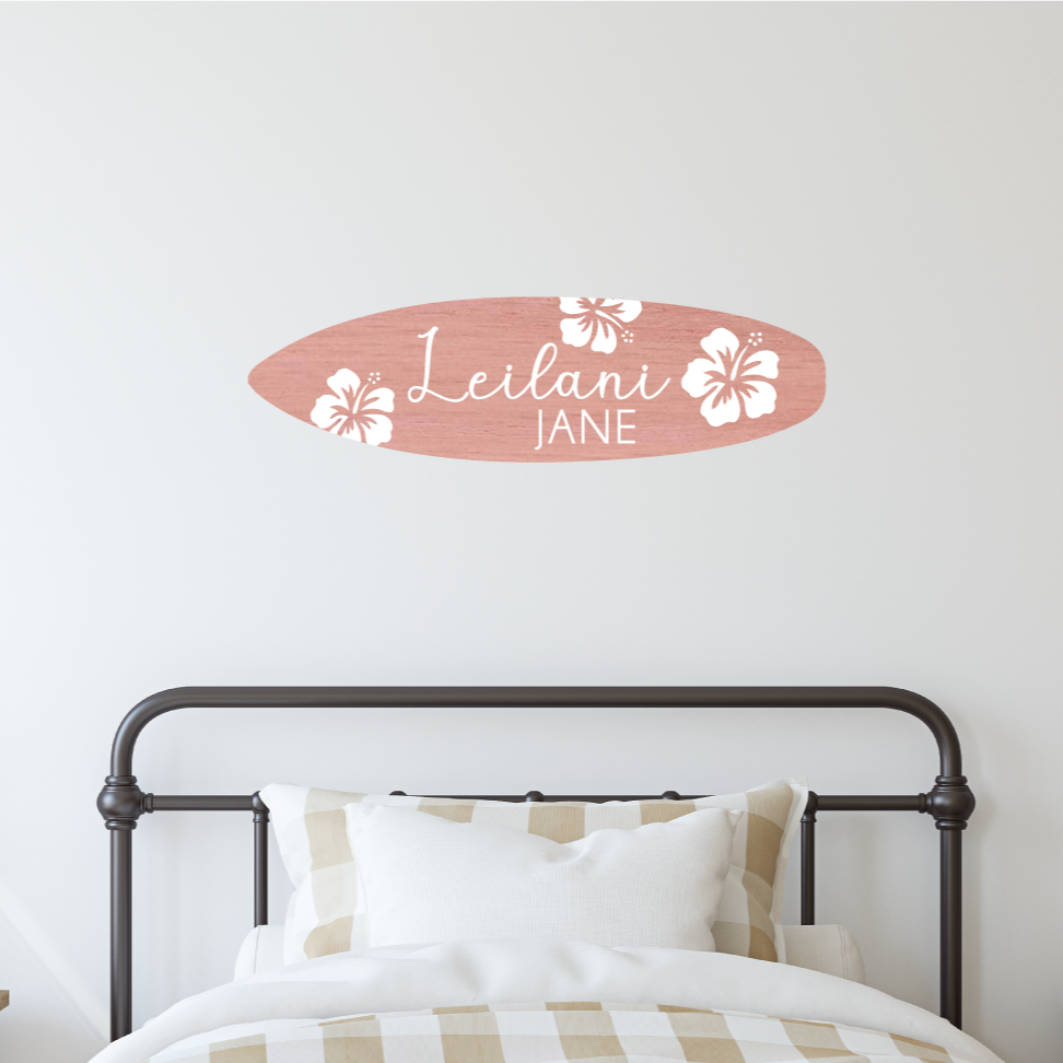 Hibiscus Flower Wooden Surfboard Name Sign