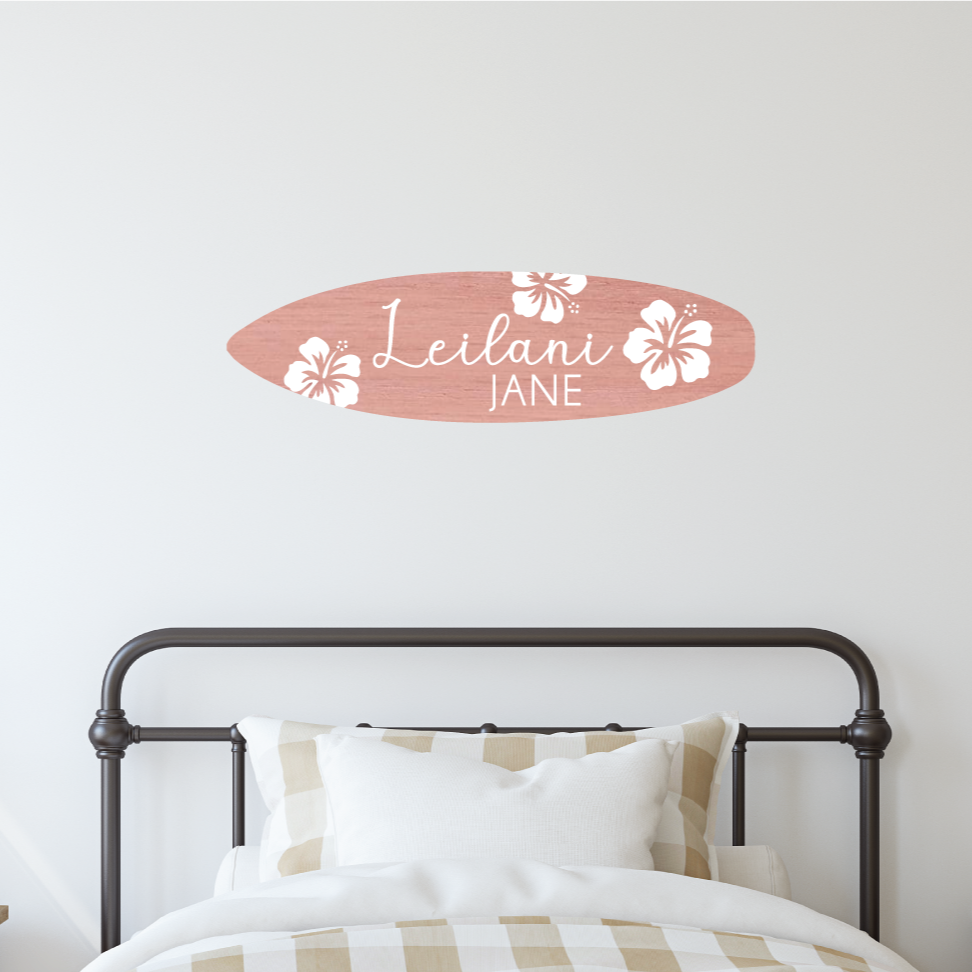 Surfboard name sign - Hawaiian hibiscus flowers