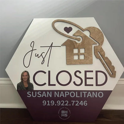 Just closed real estate sign with photo, real estate closing sign, hexagon real estate sign, wooden closing sign, real estate agent prop