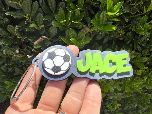 Custom Soccer Boy Bag Tag – Blue Acrylic with Neon Green Name, Personalized Sports Backpack Tag, Soccer Player Gift, Bag keychain