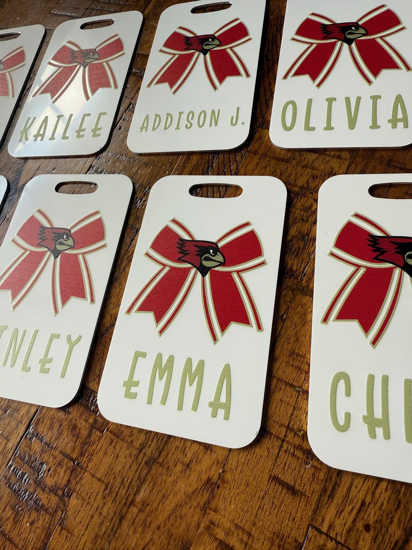Custom Cheer Bow Bag Tag – 2-Sided Aluminum with Name & Team Logo – Personalized Cheerleading, Dance, or Sports Bag ID Tag
