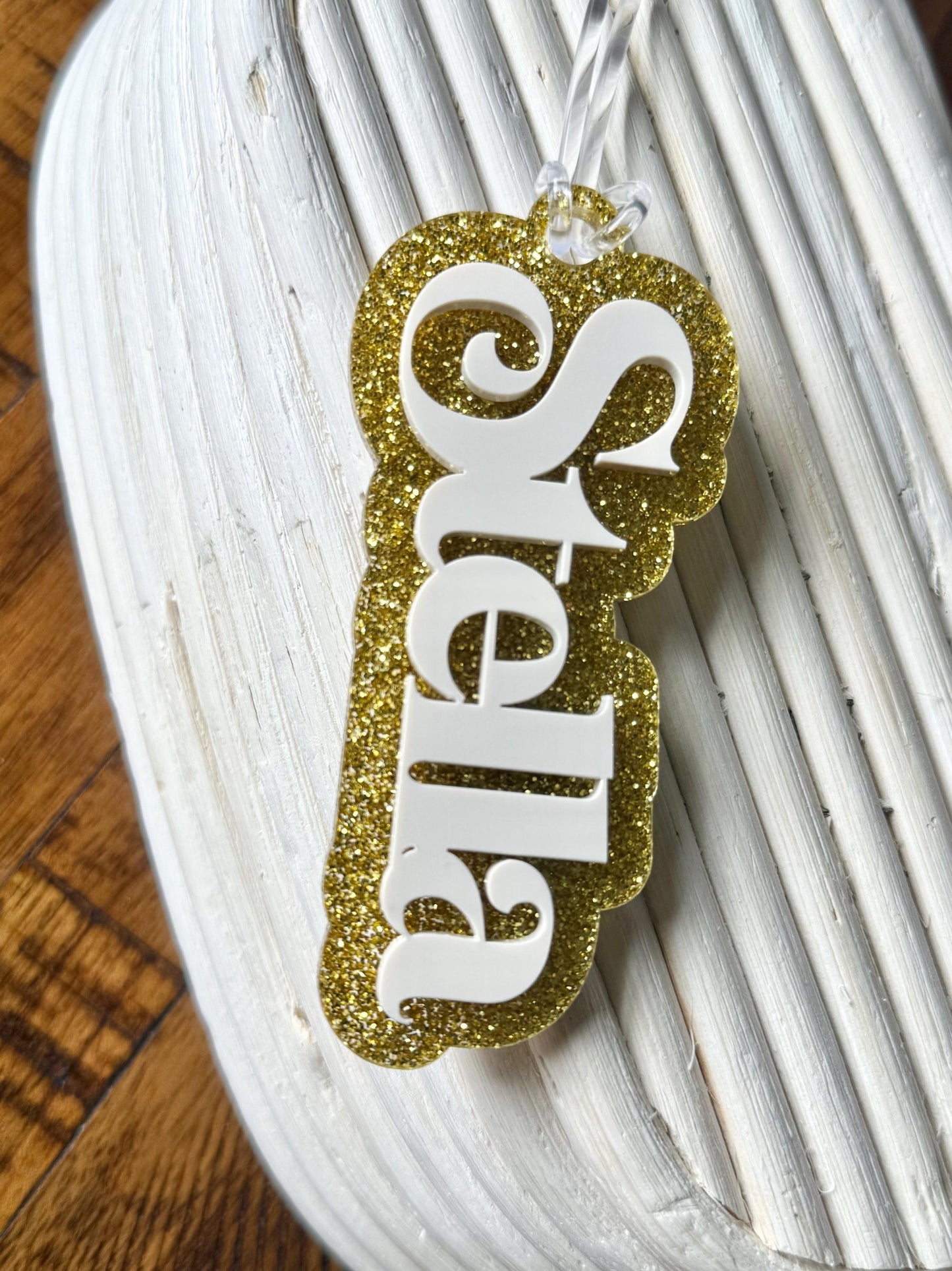 Custom Name Acrylic Bag Tag – White Name on Gold Glitter Background, 1–1.5” Tall x 5” Wide, Personalized Backpack Tag, Dance & Sports Bag Ac
