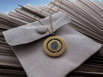 Engraved keepsake rotating circle pendant necklace, engraved fingerprint necklace, engraved handwriting necklace, memorial keepsake
