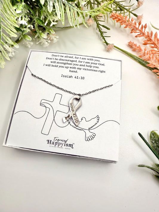 Personalized cancer ribbon necklace, cancer survivor necklace, engraved breast cancer necklace, cancer awareness necklace
