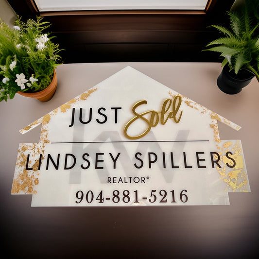 Acrylic Real estate house closing sign with fence, just closed real estate sign, real estate agent closing sign, fun closing sign gold