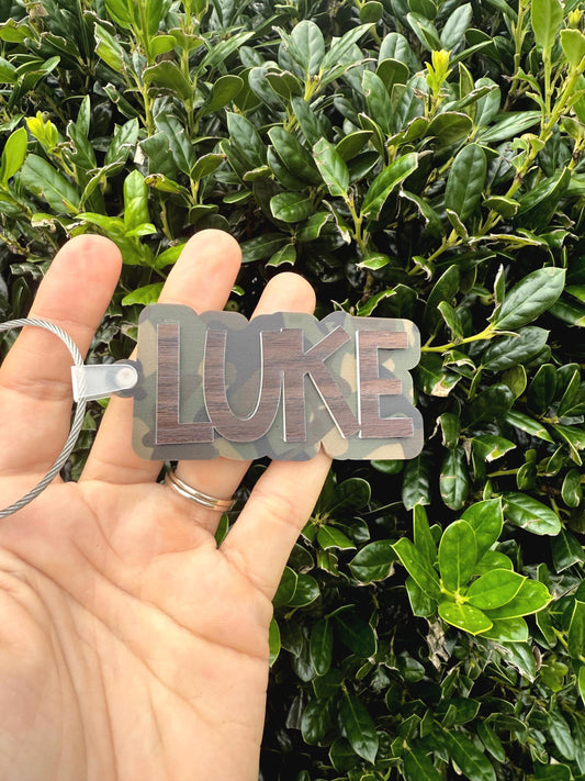 Custom Camo Acrylic Bag Tag with Dark Walnut Name – Personalized Name Tag for Backpacks, Sports Bags, Water Bottles, Gym Bags