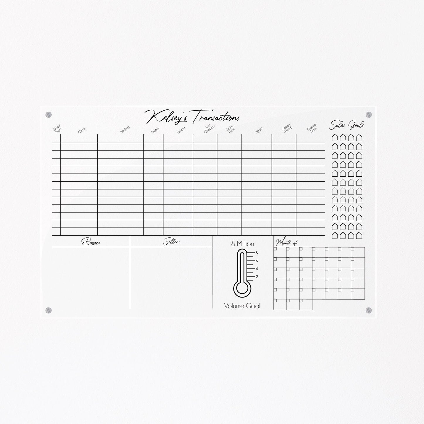 Real estate pipeline sign, clear acrylic custom real estate dry erase board, realtor organizer, real estate agent wall organizer sign #016