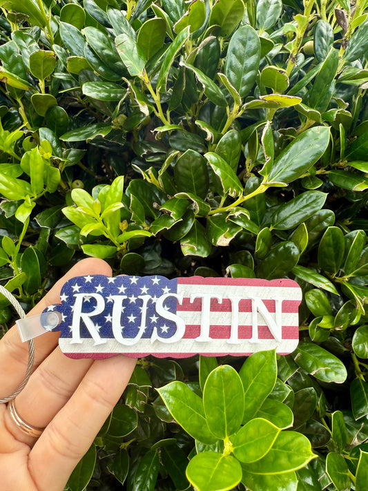 Patriotic American Flag Bag Tag | Custom Wood & Acrylic Keychain