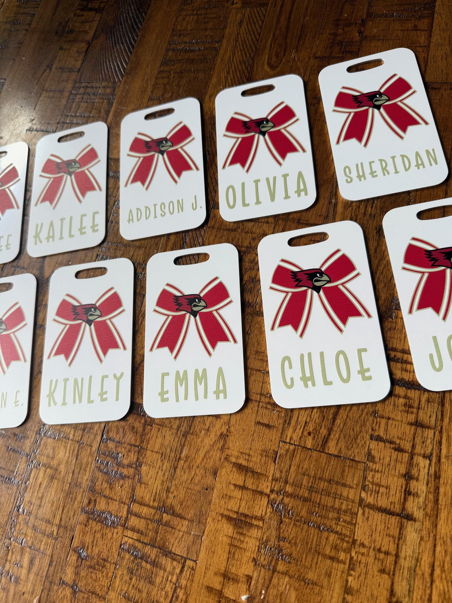 Custom Cheer Bow Bag Tag – 2-Sided Aluminum with Name & Team Logo – Personalized Cheerleading, Dance, or Sports Bag ID Tag