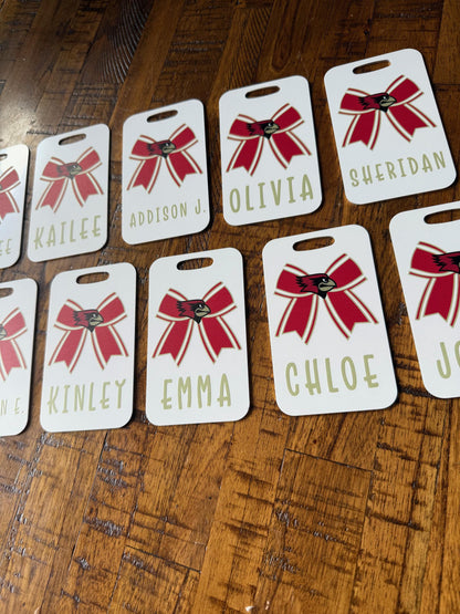 Custom Cheer Bow Bag Tag – 2-Sided Aluminum with Name & Team Logo – Personalized Cheerleading, Dance, or Sports Bag ID Tag