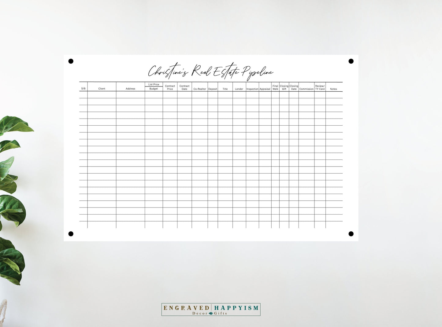 Real estate pipeline sign, white acrylic custom real estate dry erase board, realtor organizer, real estate agent wall organizer sign #004