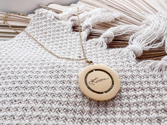 Engraved keepsake rotating circle pendant necklace, engraved fingerprint necklace, engraved handwriting necklace, memorial keepsake