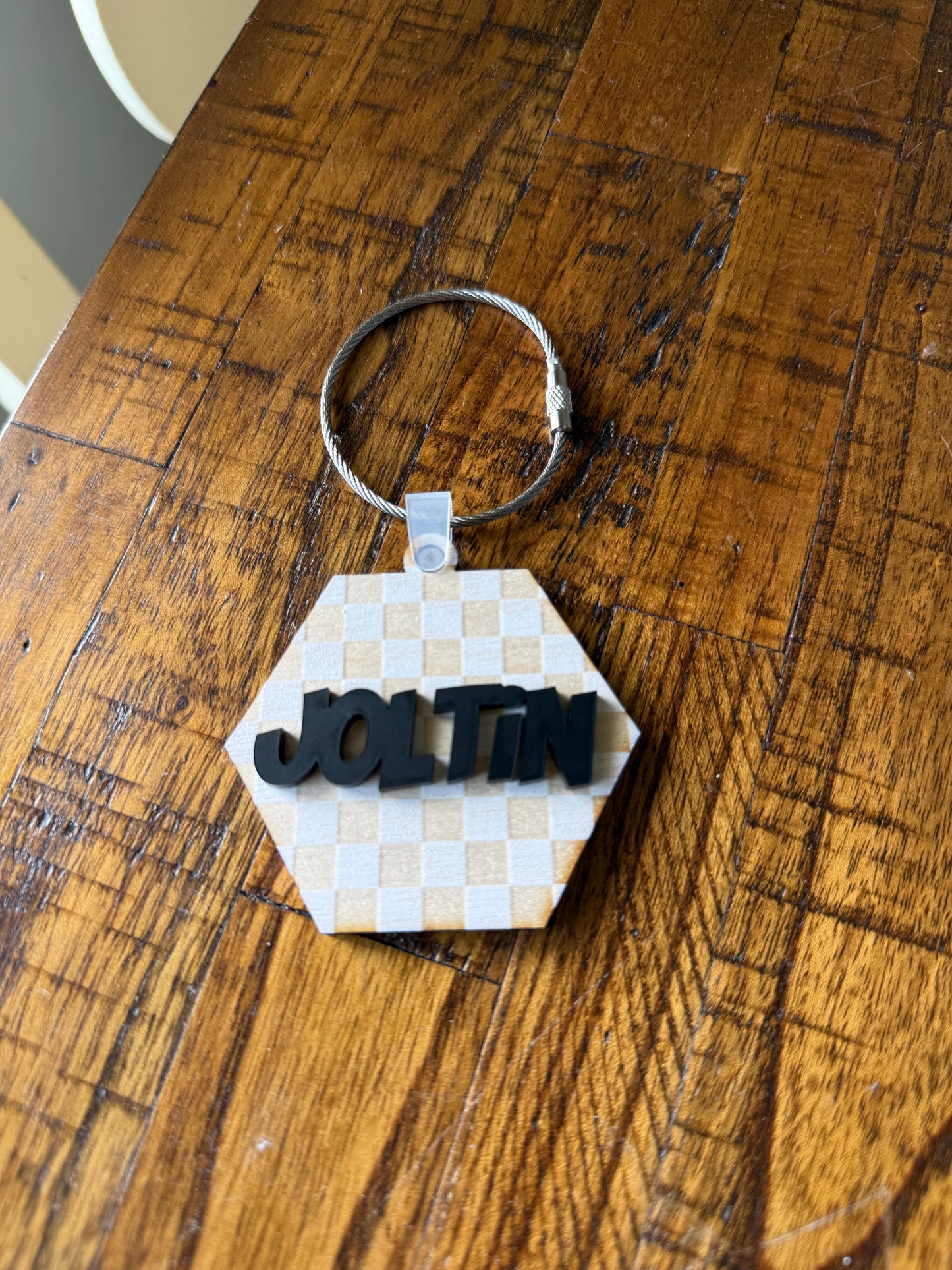 Hexagon Bag Tag | Personalized Checker Wood & Acrylic Keychain