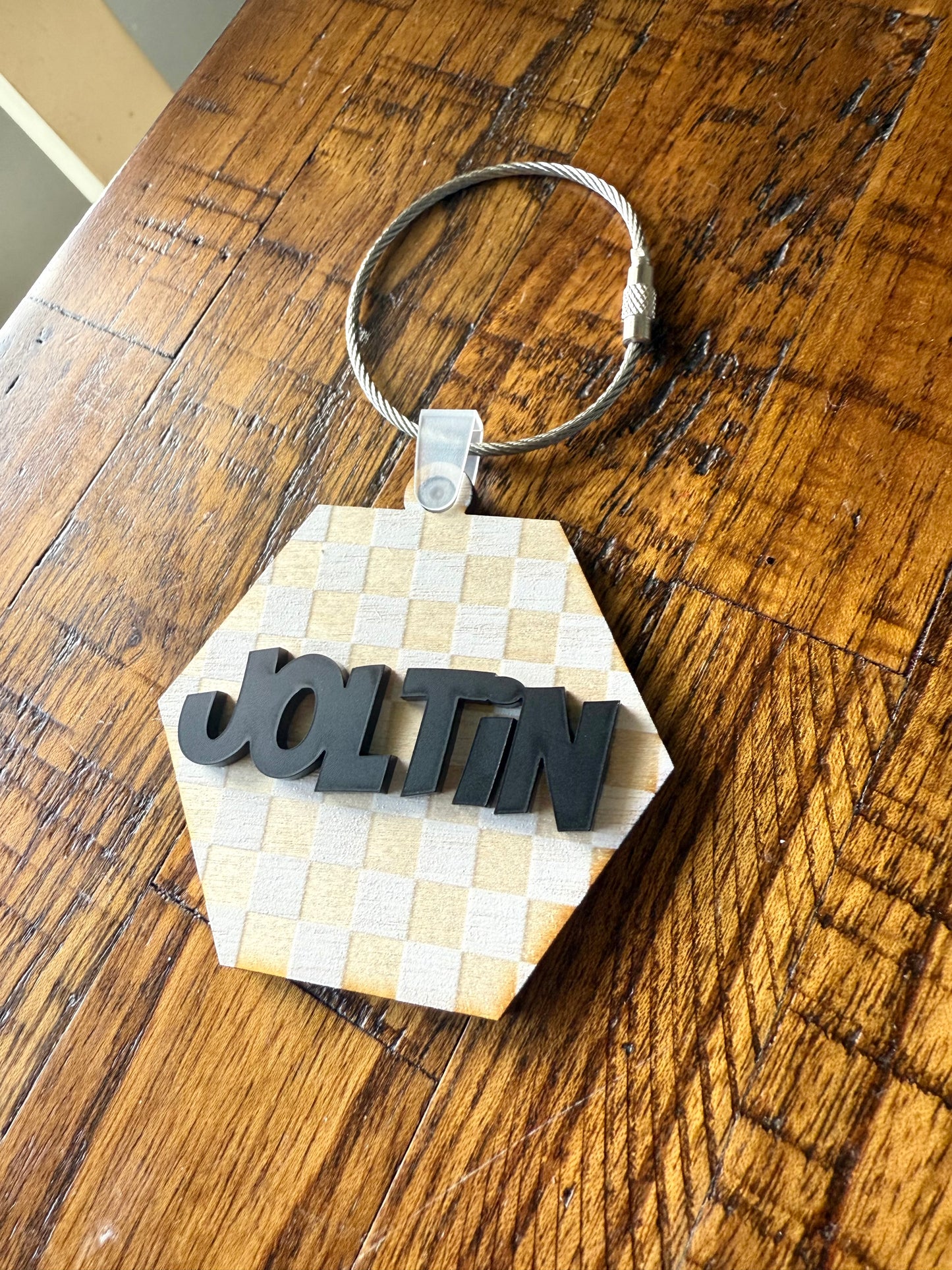 Hexagon Bag Tag | Personalized Checker Wood & Acrylic Keychain