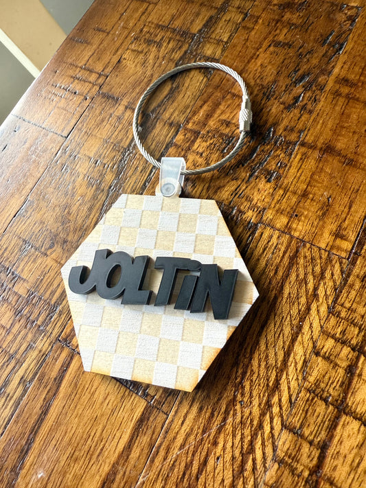 Hexagon Bag Tag | Personalized Checker Wood & Acrylic Keychain