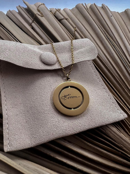 Engraved keepsake rotating circle pendant necklace, engraved fingerprint necklace, engraved handwriting necklace, memorial keepsake